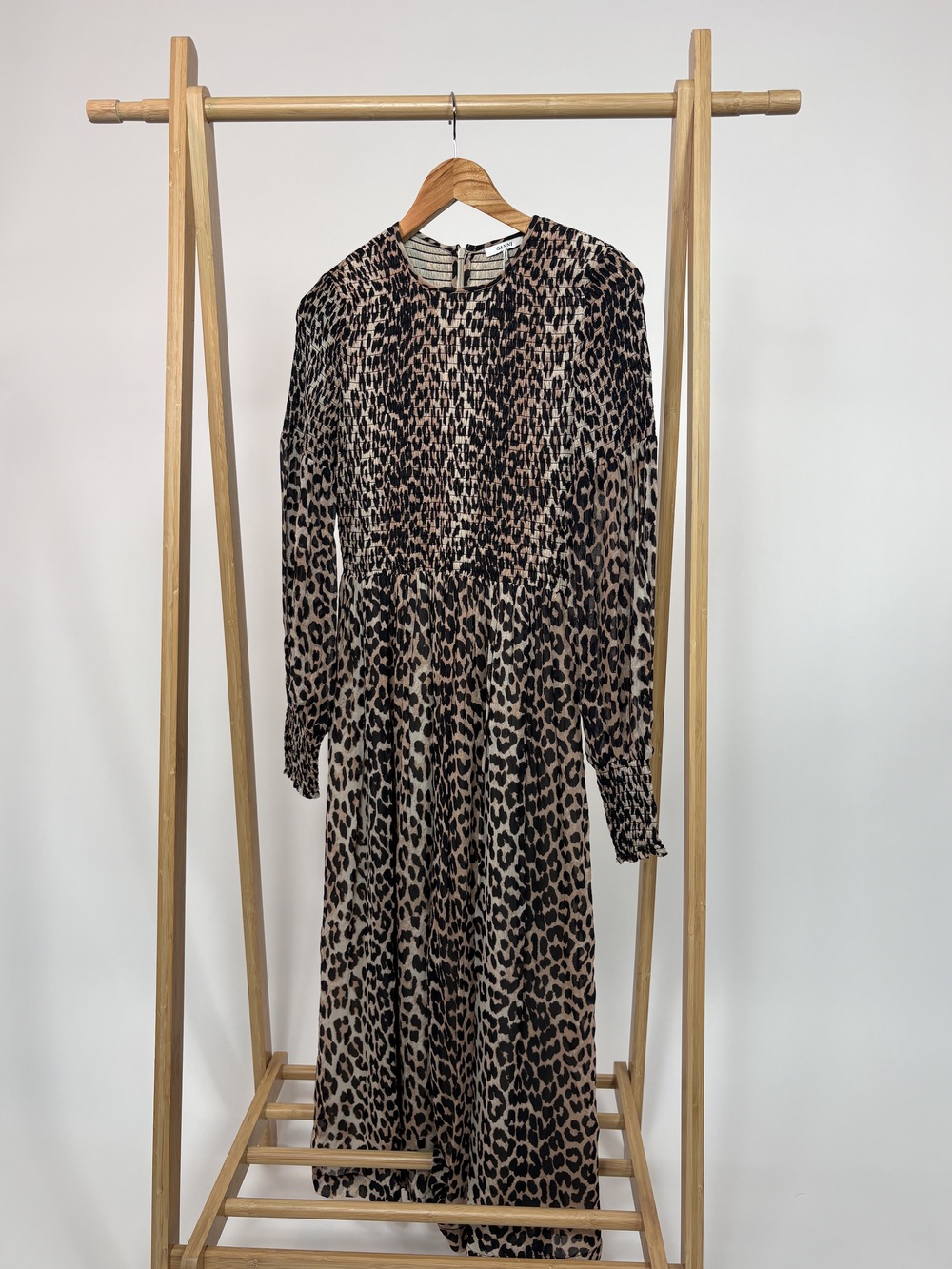 PF-1450 Ganni Ruched Leopard Print Maxi Dress